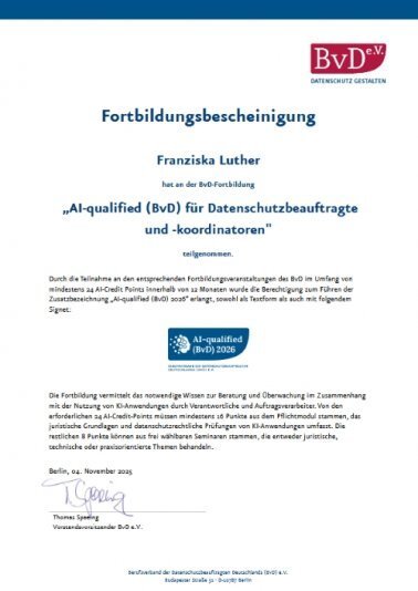 AI-qualified (BvD) für Datenschutzbeauftragte